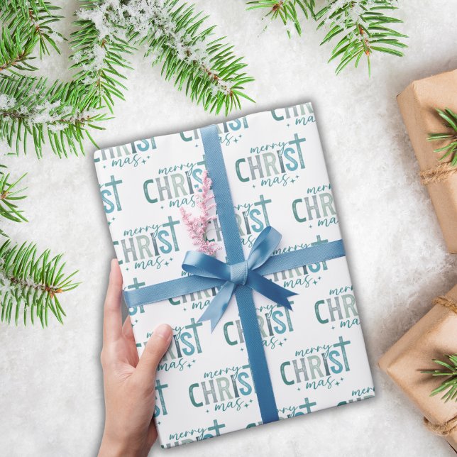 Merry Christ mas Christian Religious Boho Blue Wrapping Paper (Creator Uploaded)