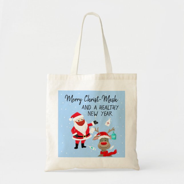 merry Christ-mask and a healthy New Year postcard Tote Bag (Front)