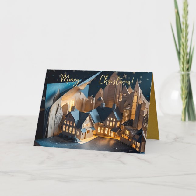 Merry Christams Faux Pop-up illuminated Houses C Holiday Card (Front)