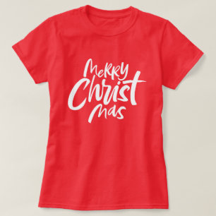 Merry Christian Christmas Lettering Religious Red T-Shirt