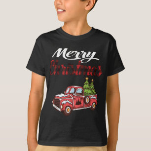 Merry Christma Tree Truck Plaid Vintage Xmas Wagon T-Shirt