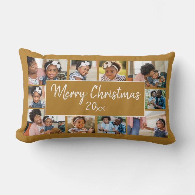 Merry Christmas 10 Photo Collage Gold Yellow Lumbar Cushion (Front)