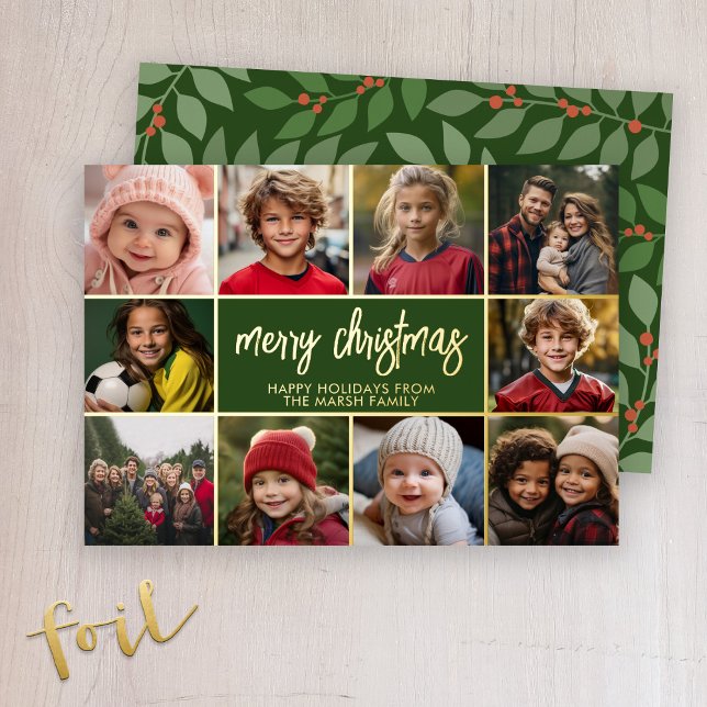 Merry Christmas - 10 Photo - Modern Script Gold (A mod Christmas card - 10 photos and botanical pattern. Deep olive and sage green.)