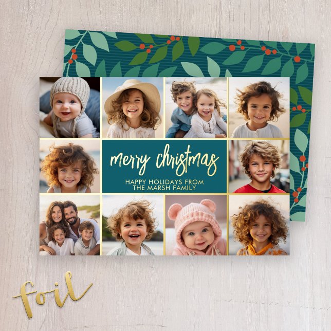 Merry Christmas - 10 Photo - Modern Script Gold (A mod Christmas card - 10 photos and botanical pattern. Deep teal and greens.)