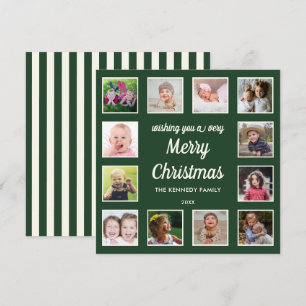 Merry Christmas 12 Photo Collage Green Striped Holiday Card