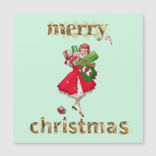 Merry Christmas 1950 Vintage lady with gifts
