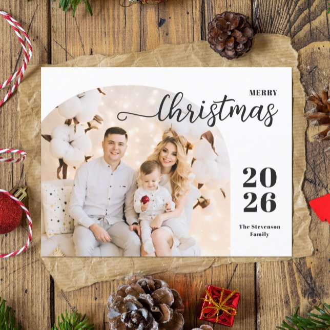 Merry Christmas 1 photo arch modern minimalist Holiday Postcard (Creator Uploaded)