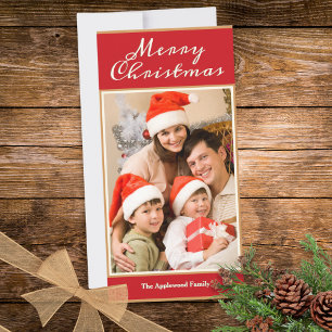 Merry Christmas 1 Photo Elegant Red Faux Gold Holiday Card