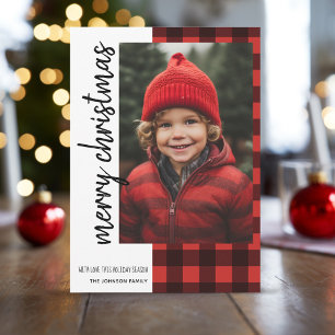 Merry Christmas 1 Photo Red Black Buffalo Plaid Holiday Card