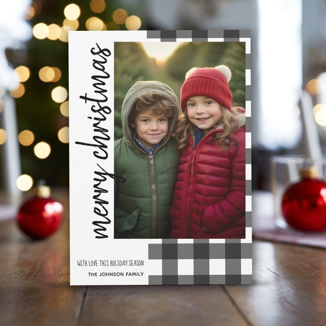 Merry Christmas 1 Photo White Black Buffalo Plaid Holiday Card (Buffalo Plaid in white and black with 1 photo - online christmas card)