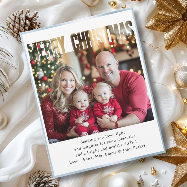 MERRY CHRISTMAS! 1 Photo, white, blue Holiday Card (Personalized 1-Photo, White, Christmas Card with “MERRY CHRISTMAS” Design & Blue Border.)