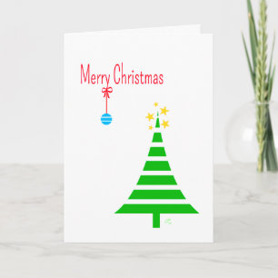 Merry Christmas, 1 Trees, 1 Blue Ornament, Stars Holiday Card