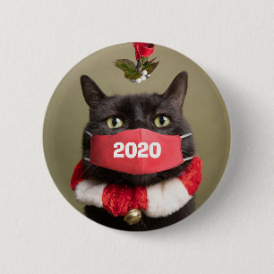 Merry Christmas 2020 Cat in Covid Face Mask 6 Cm Round Badge
