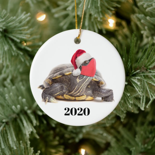 Merry Christmas 2020 Turtle in Face Mask Ceramic Tree Decoration (Tree)