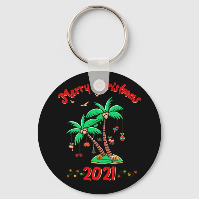 Merry Christmas 2021 Palm Tree Ornament Tropical Key Ring (Front)