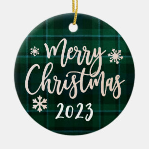 Merry Christmas 2023 Green Plaid Ceramic Tree Decoration