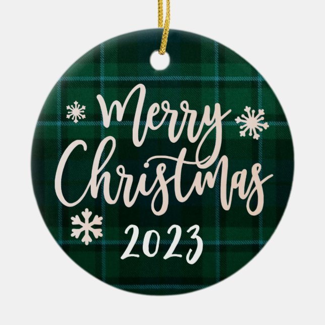 Merry Christmas 2023 Green Plaid Ceramic Tree Decoration (Front)