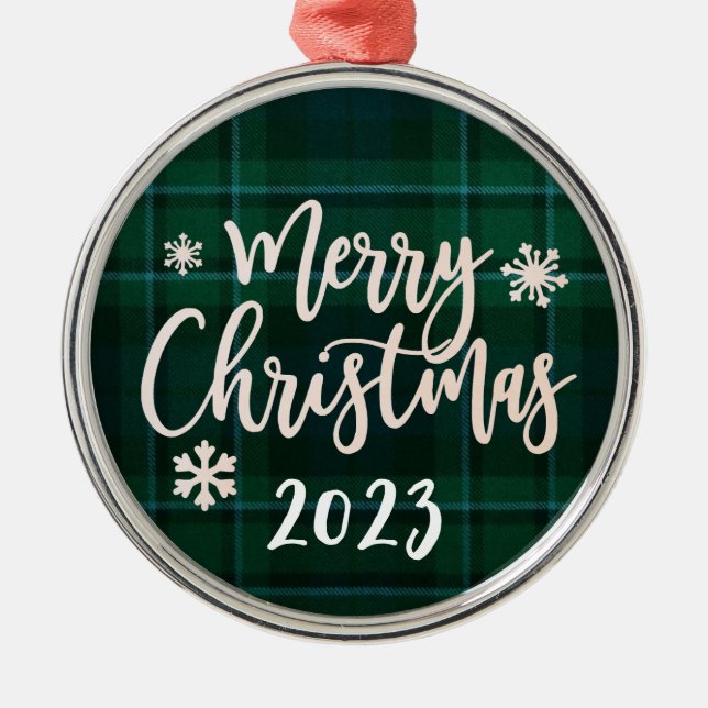 Merry Christmas 2023 Green Plaid Metal Tree Decoration (Front)