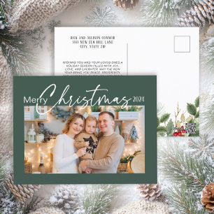 Merry Christmas 2024 Photo Elegant Script Green Holiday Postcard
