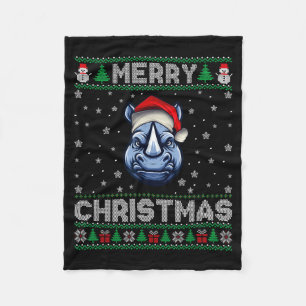 Merry Christmas 2025 Rhino Santa Hat Ugly Xmas  Fleece Blanket
