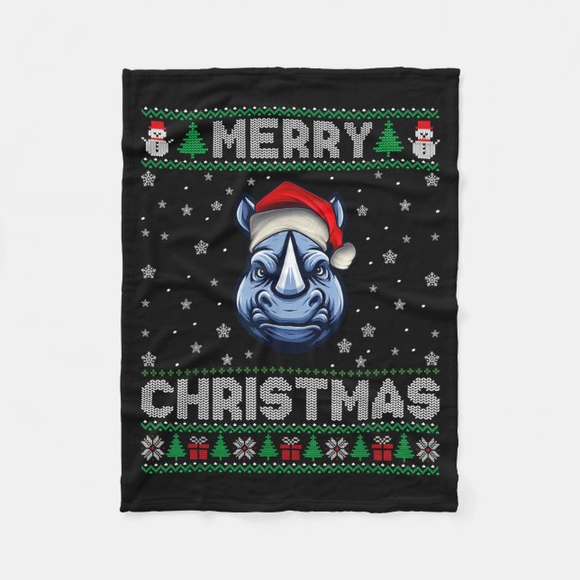 Merry Christmas 2025 Rhino Santa Hat Ugly Xmas  Fleece Blanket (Front)