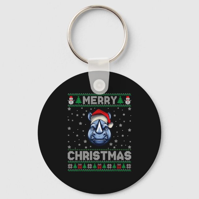 Merry Christmas 2025 Rhino Santa Hat Ugly Xmas  Key Ring (Front)