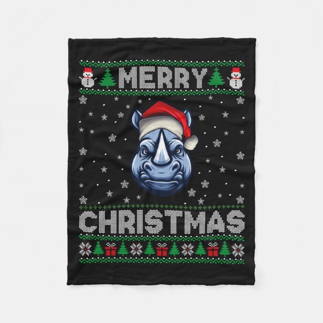 Merry Christmas 2025 Rhino Santa Hat Ugly Xmas Lon Fleece Blanket (Front)