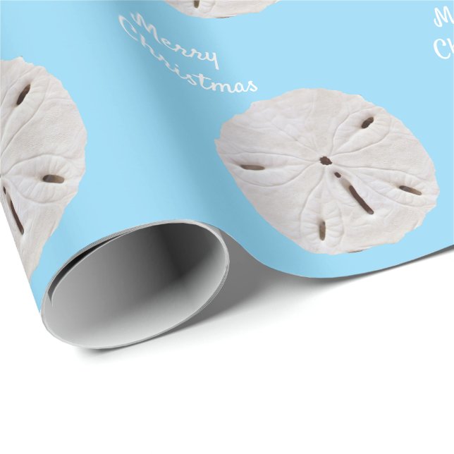 Merry Christmas 2025 Sanddollar Pattern Blue Beach Wrapping Paper (Roll Corner)
