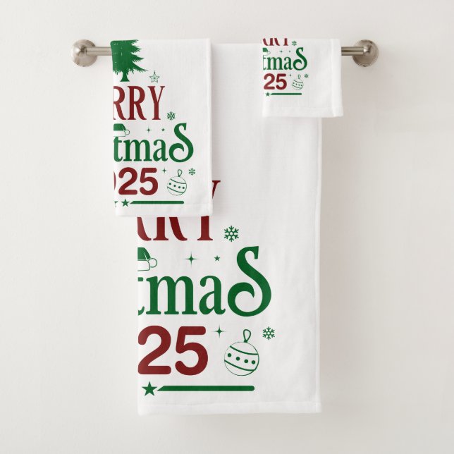 Merry Christmas 2025 White Bath Towel Set (Insitu)