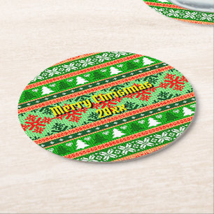 Merry Christmas 20XX Add Text Year Christmas Knit Round Paper Coaster