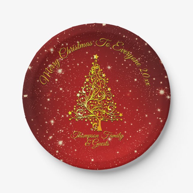 Merry Christmas 20XX Red Gold Tree Stars 7" Paper Plate (Front)