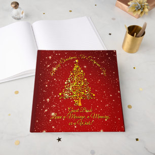 Merry Christmas 20XX Red Gold Tree Stars Guest Book
