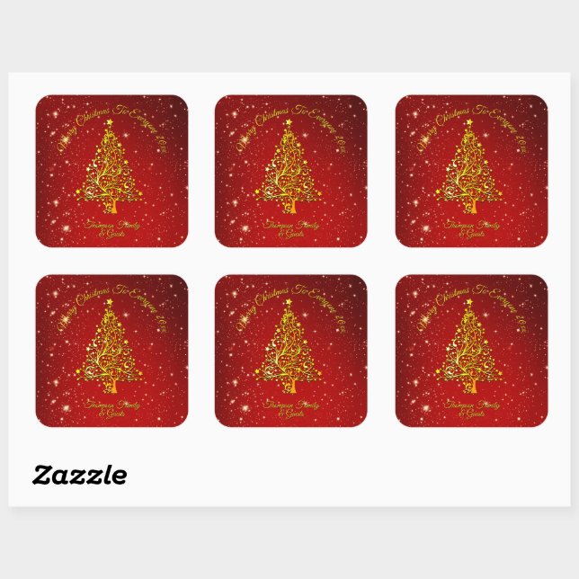 Merry Christmas 20XX Red Gold Tree Stars  Square Sticker (Sheet)