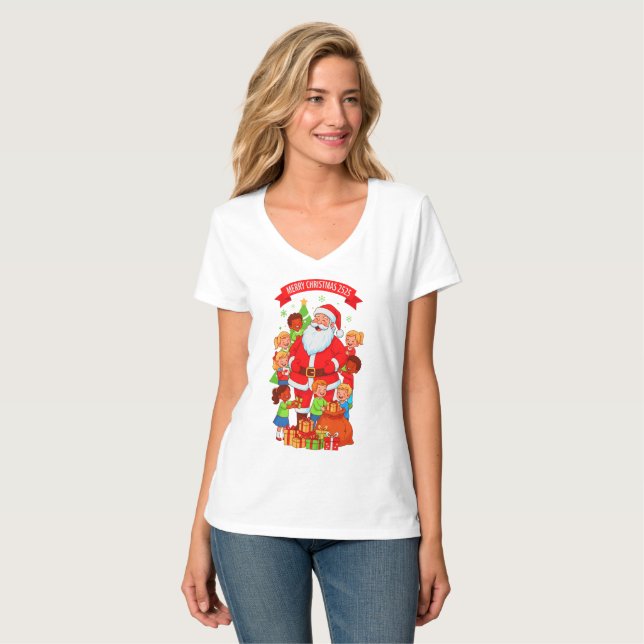 MERRY CHRISTMAS 2525 WOMENS BASIC V NECK T SHIRT (Front Full)