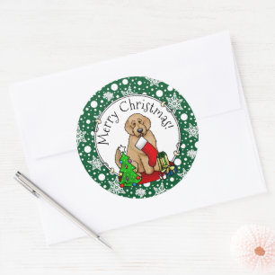 Merry Christmas 2 Goldendoodle (golden red) Cute Classic Round Sticker