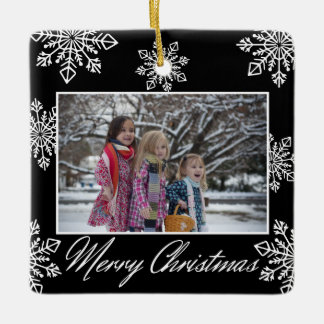 Merry Christmas 2 Photo Black And White Snowflakes Ceramic Ornament