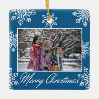 Merry Christmas 2 Photo Blue And White Snowflakes Ceramic Ornament