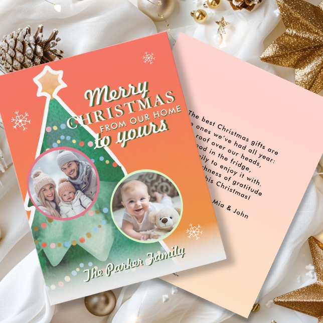 Merry Christmas! 2 Photo, Christmas Tree Holiday Card (Merry Christmas! 2 Photo, Orange-Green, Colorful Holiday Card, For Lovely Christmas Vibes.)