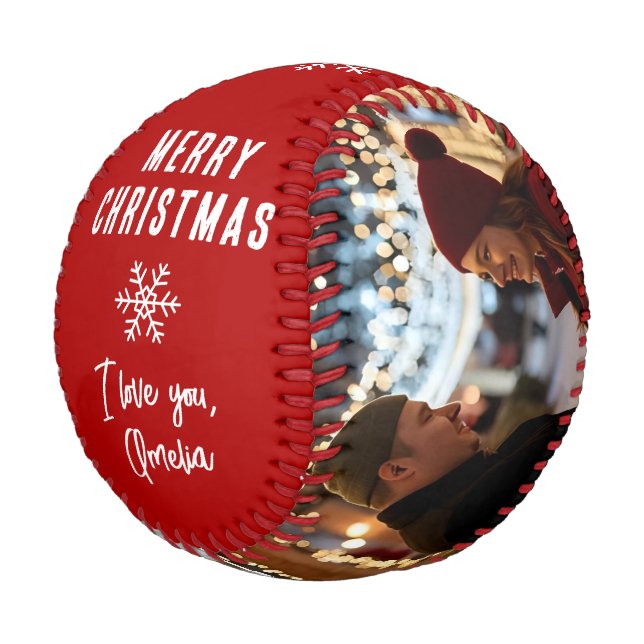 Merry Christmas 2 Photo Collage Keepsake Baseball (Angled)