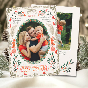 Merry Christmas 2 Photo Coquette Botanical Floral Holiday Card