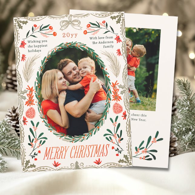 Merry Christmas 2 Photo Coquette Botanical Floral Holiday Card (Creator Uploaded)