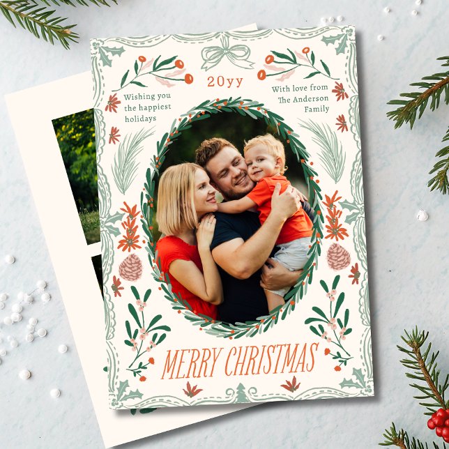 Merry Christmas 2 Photo Coquette Botanical Floral Holiday Card (Creator Uploaded)