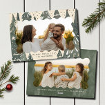 Merry Christmas 2 Photo Family Winter Trees Holiday Card<br><div class="desc">Merry Christmas 2 Photo Family Winter Trees Holiday Card Christmas Card features your favourite photo on the front with the text "Merry Christmas" in modern typography on a background of green Christmas trees accented with gold stars and snow and personalised with your family name below. On the reverse add an...</div>