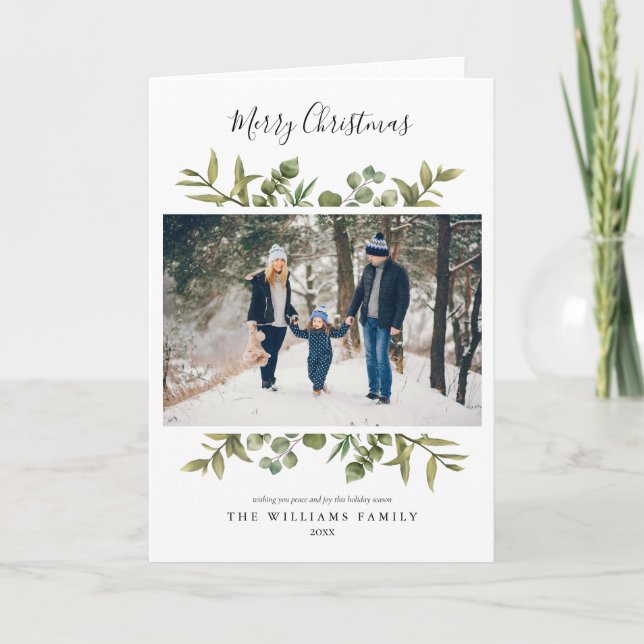 Merry Christmas 2 Photo Modern Chic Greenery Holiday Card (Front)