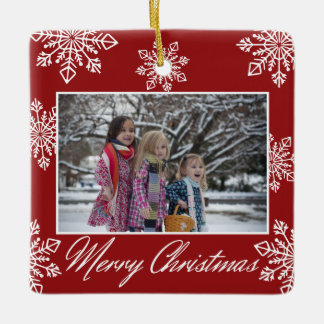 Merry Christmas 2 Photo Red And White Snowflakes Ceramic Ornament