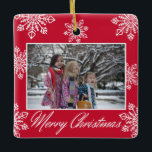 Merry Christmas 2 Photo Red And White Snowflakes  Ceramic Ornament<br><div class="desc">Festive Merry Christmas photo ornament with a cute snowflakes pattern frame. Personalise with family name and  year.</div>