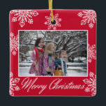 Merry Christmas 2 Photo Red And White Snowflakes  Ceramic Ornament<br><div class="desc">Festive Merry Christmas photo ornament with a cute snowflakes pattern frame. Personalise with family name and  year.</div>