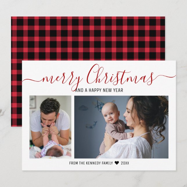 Merry Christmas 2 Photo Red Buffalo Plaid Holiday Card (Front/Back)