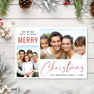 Merry Christmas 2 Photo Red Script Holiday Card