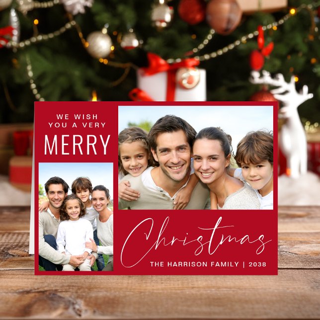 Merry Christmas 2 Photo Script Red Holiday Card (This holiday season, let your family's smiles and heartwarming memories shine on our 2 photo card)